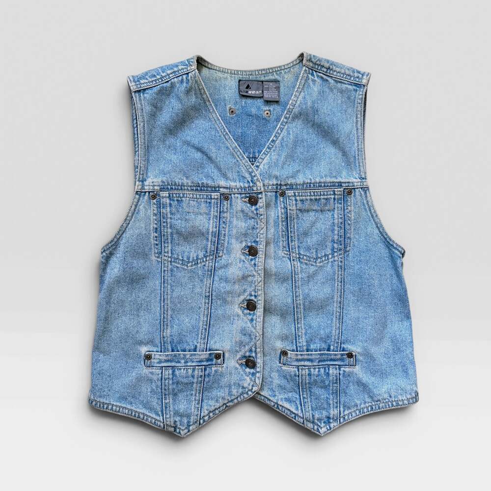 Y2K Medium Wash Blue Denim Jean Vest Jacket Size M Grunge 100% Cotton Vintage
